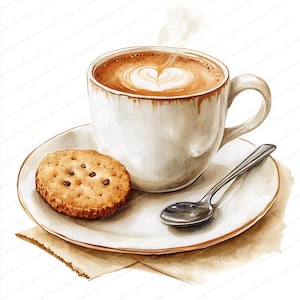 18 koffiekopjes clipartset | Illustratie lepel en koekje | Afdrukbare aquarel clipart | Hoge kwaliteit JPG's | Papierkunst | Junkjournaal