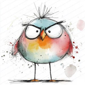 Puede incluir: Ilustraci&oacute;n en acuarela de un p&aacute;jaro redondo con expresi&oacute;n enfadada. El p&aacute;jaro presenta una cabeza azul, pecho naranja y acentos rosas y rojos. Tiene ojos grandes blancos, pico amarillo y finas patas negras.