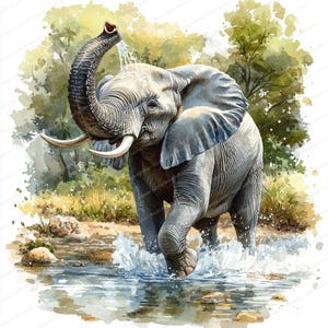 20 Clipart di bagni di fiume di elefanti / Illustrazione di fauna selvatica maestosa / Clipart di acquerelli stampabili / JPG di alta qualità / Artigianato di carta / diario