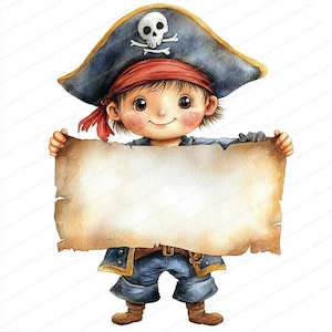 14 Clipart de Piratas de Desenho Animado | Clipart de Pirata com Mapa | Clipart de Aquarela para Imprimir | JPGs de Alta Qualidade | Download Digital | Artesanato em Papel