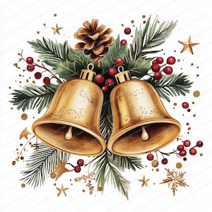 18 Christmas Bell Clipart | Gold Foil Bells | Printable Watercolor Clipart | High Quality JPG | Digital Download | Christmas Card