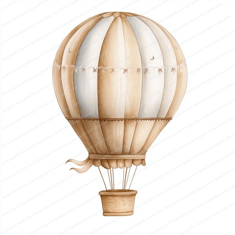 Op de afbeelding: Een aquarel-illustratie van een bruin-wit gestreepte luchtballon met een mand. De ballon heeft een slinger van vlaggen rond de bovenkant.