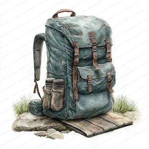 May include: A weathered green canvas backpack with brown leather straps and buckles. The backpack is sitting on a wooden platform and a rock.