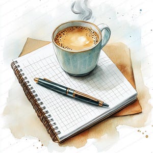 以下が含まれることがあります： コーヒーカップから蒸気が立ち上っている水彩画、ペン、そしてスパイラルバインディングされたノート。ノートは開いており、罫線が入った紙になっています。