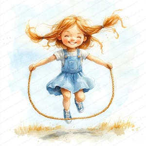 16 Clipart fille à la corde à sauter | Illustration amusante de saut à la corde | Clipart aquarelle imprimable | JPG de haute qualité | Créations artisanales en papier | Journal indésirable