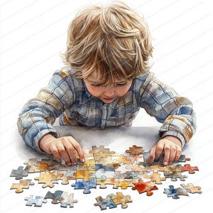 14 Kinder Puzzle Clipart | Spielende Kinder mit Boden Puzzle | Druckbare Aquarell Clipart | Hochwertige JPGs | Papiermodell | Zeitschrift