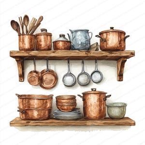 18 clipart-set med kokkärl | Illustrationspaket med köksredskap | Utskrivbar akvarell clipart | Högkvalitativa JPG-bilder | Papperspyssel