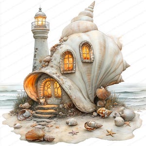 May include: A whimsical illustration of a seashell house and a lighthouse. The house is a large, cream-coloured shell with arched windows and a glowing interior. A stone lighthouse stands nearby. Seashells and starfish dot the sandy foreground.