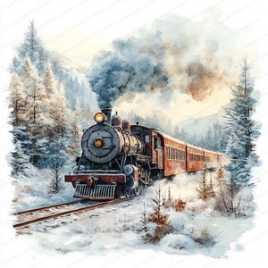 20 Winter Train Clipart | Scenic Snowy Field Illustration | Printable Watercolor clipart | High Quality JPGs | Paper craft | Junk journal