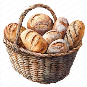 20 imágenes prediseñadas de cestas de pan / Conjunto de ilustraciones de panadería rústica / Imágenes prediseñadas de acuarela imprimibles / JPG de alta calidad / Manualidades de papel / Diario basura