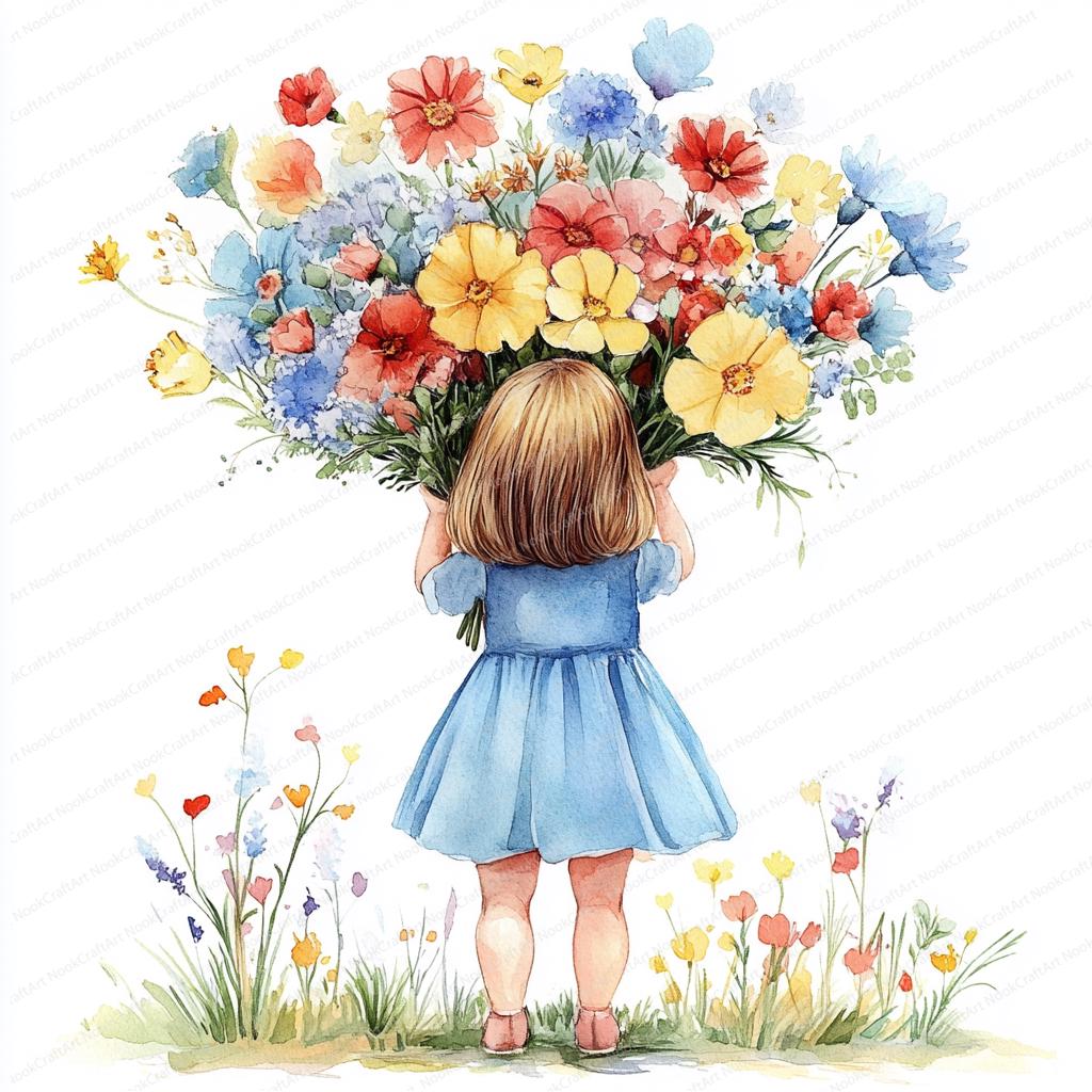 18 花束を持つ少女のクリップアート | 花の水彩画アート | 印刷可能な