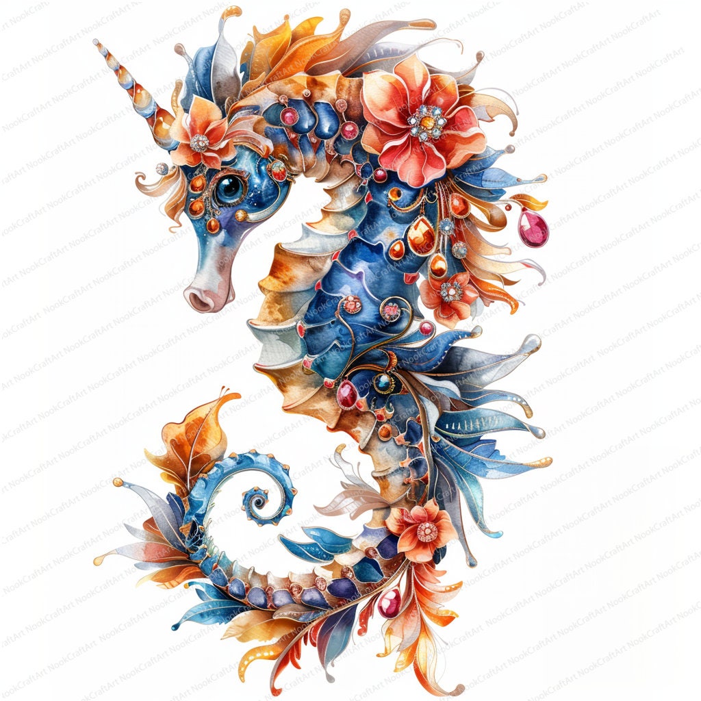 タツノオトシゴのクリップアート 14 点 | 海洋動物 | 印刷可能な水彩画