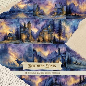 Op de afbeelding: Een collage van aquarel illustraties die scènes van een dorp en landschappen onder het noorderlicht uitbeelden. De afbeeldingen tonen gebouwen, bergen en bossen in tinten blauw, paars en oranje. Tekst op een banner luidt "Northern Lights".