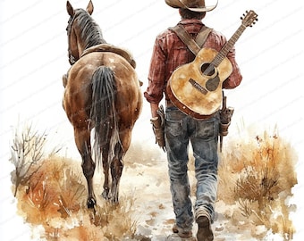 May include: A cowboy with a guitar on his back walks away from a brown horse on a dirt path. The cowboy is wearing a red and black plaid shirt, blue jeans, and a brown cowboy hat. The horse is brown with a black mane and tail.
