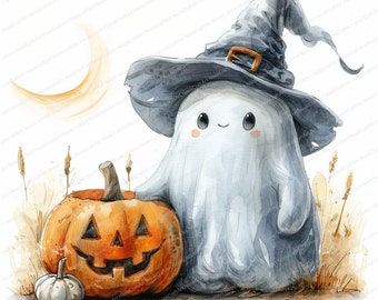 12 Cute Ghost Clipart | Halloween clipart set Ghost | Printable Watercolor clipart | High Quality JPGs | Digital download | Paper craft