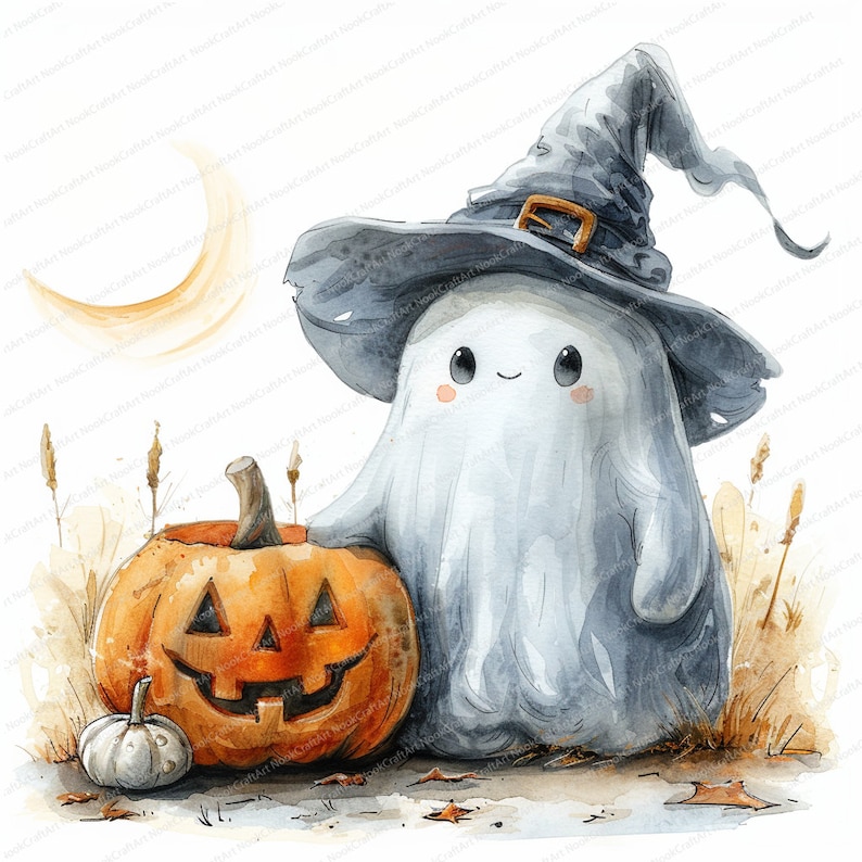 Peut inclure: Illustration &agrave; l'aquarelle d'un fant&ocirc;me amical portant un chapeau de sorci&egrave;re, appuy&eacute; sur une citrouille orange sculpt&eacute;e. Une petite citrouille blanche et un croissant de lune &eacute;voquent Halloween.