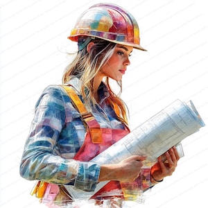 May include: A woman wearing a hard hat and overalls holds a rolled-up blueprint. The hard hat is multi-colored with red, yellow, blue, and green squares. The overalls are red with yellow straps. The blueprint is white with black lines.