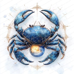 18 Cliparts Místicos do Zodíaco de Câncer | Coleção de Arte Celestial | Clipart em Aquarela para Imprimir | JPGs de Alta Qualidade | Artesanato em Papel | Diário de Junções