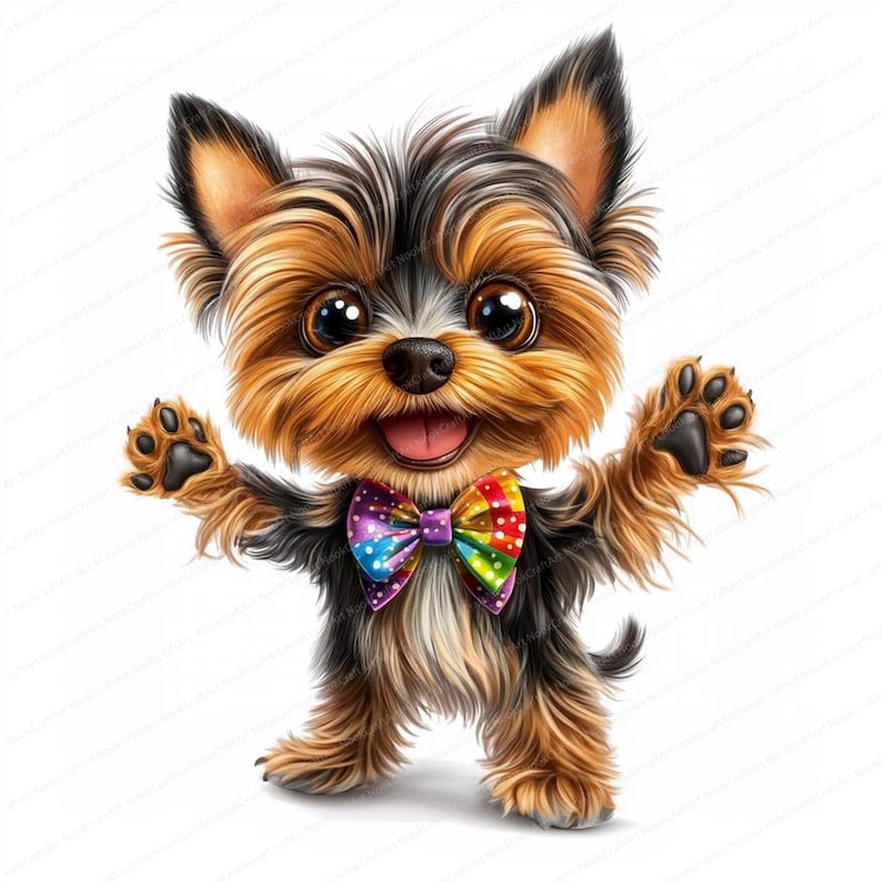 Pode incluir: Um filhote de Yorkshire Terrier marrom e preto usando uma gravata borboleta colorida em um fundo branco.