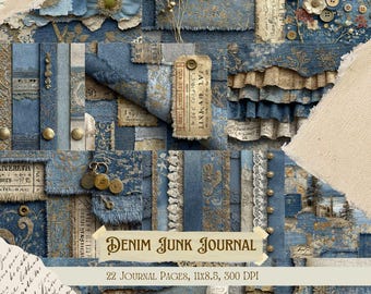 Denim Junk Journal Kit | Vintage Blue Fabric Collage Sheets | Patchwork Sewing Printable Scrapbook Paper | Shabby Textile Ephemera Pages