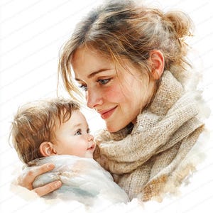 22 Mãe Segurando Recém-nascido Clipart | Ilustração de Família Comovente | Clipart de Aquarela para Imprimir | JPGs de Alta Qualidade | Diário de Lixo