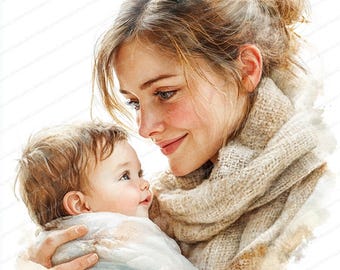 22 Mother Holding Newborn Clipart | Heartwarming Family Illustration | Printable Watercolor clipart | High Quality JPGs | Junk journal