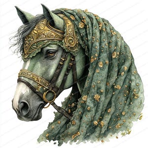 20 cliparts cheval vert avec casque | Conception d'art équestre fantastique | Clipart aquarelle imprimable | JPG de haute qualité | Journal indésirable