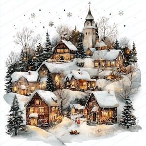 16 Clipart de Vila de Natal | Ilustrações de Cartão de Natal | Clipart de Aquarela para Imprimir | JPGs de Alta Qualidade | Download Digital | Diário