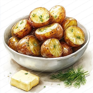 May include: A white ceramic bowl filled with roasted golden-brown potatoes, garnished with fresh green dill. Beside the bowl sits a square block of yellow butter and a small sprig of fresh green dill, all rendered in a watercolor illustration style.