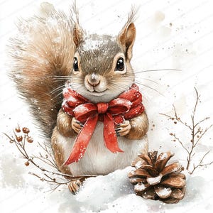 May include: Watercolor illustration of a squirrel wearing a red scarf with a bow, set in a snowy scene. The squirrel has brown fur and is holding the scarf. A pinecone and twigs are in the foreground, with a white background.