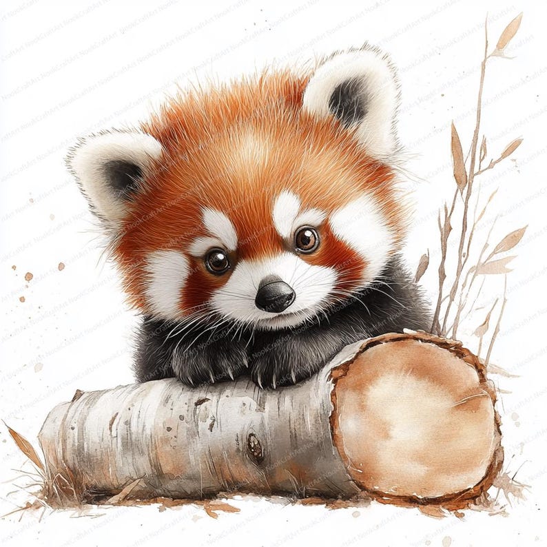 K&ouml;nnte beinhalten: Ein rotes Pandababy mit einer wei&szlig;en Brust und schwarzen Beinen sitzt auf einem braunen Baumstamm. Das rote Panda hat ein wei&szlig;es Gesicht mit schwarzen Markierungen um die Augen.