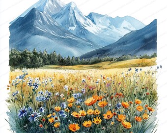 20 野生の花畑のクリップアート | 花が咲く山のイラスト | 印刷可能な