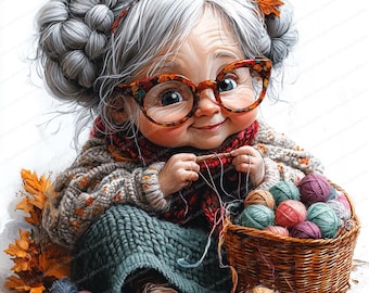 May include: A smiling, cartoon-style granny with gray hair and glasses sits on a white background, holding a needle and thread. She is surrounded by a basket of colorful yarn balls and autumn leaves.