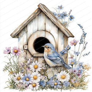 20 Old Birdhouse on Fence with Clipart | Printable Watercolor clipart | High Quality JPGs | Digital download | Paper craft | junk journal