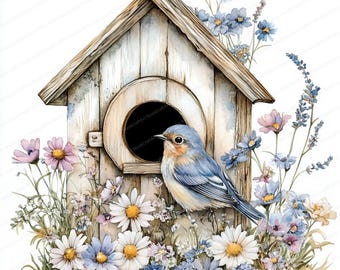 20 Old Birdhouse on Fence with Clipart | Printable Watercolor clipart | High Quality JPGs | Digital download | Paper craft | junk journal