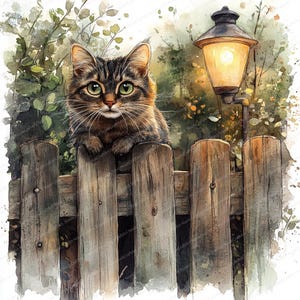 22 Strassenkatze auf Zaun Clipart | Hinterhältiges Katzen Silhouette Design | Druckbare Aquarell Clipart | Hochwertige JPGs | Papiermodell | Zeitschrift