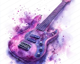 21 Aquarell Bassgitarre Clipart | Lila-Pink Künstlerische Vibes | Druckbare Aquarell Clipart | Hochwertige JPGs | Papierhandwerk