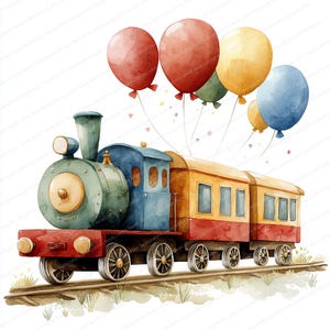 17 globos de tren de colores / Arte caprichoso de motor de vapor / Clipart de acuarela imprimible / JPG de alta calidad / Manualidades de papel / Diario