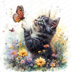 蝶と遊ぶ猫 20 枚のクリップアート | 花のファンタジーイラスト | 印刷可能な水彩画クリップアート | 高品質の JPG | ペーパークラフト