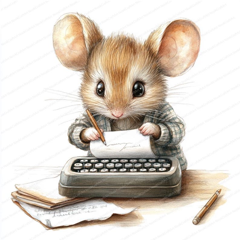 May include: A brown mouse with big ears sits at a vintage typewriter, holding a pencil and a piece of paper. The mouse is wearing a plaid shirt and is focused on writing.
