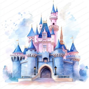 May include: A watercolour painting of a pink and blue castle with multiple towers and spires. The castle has a large arched entrance and is surrounded by a moat.