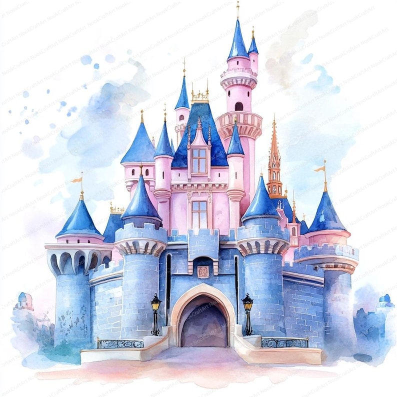 May include: A watercolour painting of a pink and blue castle with multiple towers and spires. The castle has a large arched entrance and is surrounded by a moat.