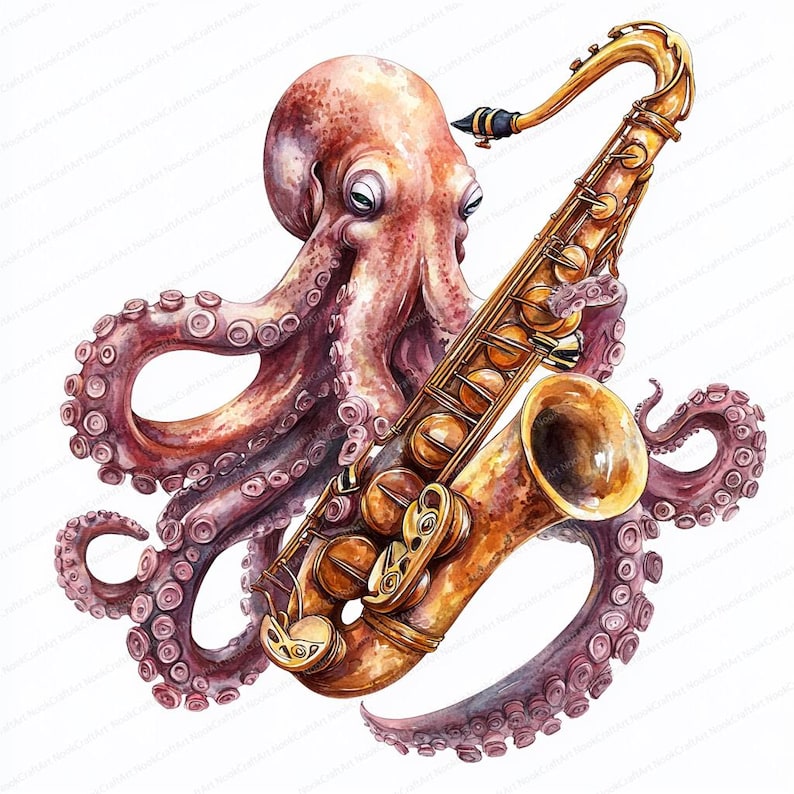 Octopus Playing Instrument 14 Octopus Playing a Musical Instrument Clipart | Melodic Sea Creature ...