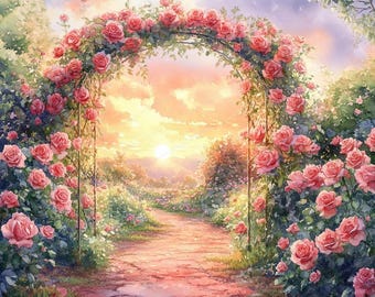 May include: A pink rose archway with a path leading through it. The archway is covered in pink roses and green leaves. The path is lined with trees and bushes. The sky is a soft blue with white clouds. The sun is shining brightly in the distance.