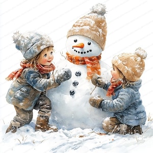 24 Snowman Building Clipart | Kids with Carrot and Scarf | Printable Watercolor clipart | High Quality JPGs | Paper craft | Junk journal