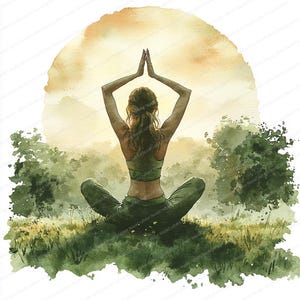 19 yoga-zonsopgang-clipart | Vrouw in grafische pose | Afdrukbare aquarel clipart | Hoge kwaliteit JPG's | Papierkunst | Junkjournaal