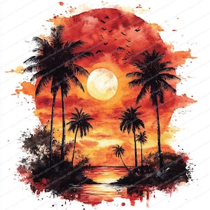Pode incluir: Pintura em aquarela de um pôr do sol tropical com palmeiras em silhueta contra um céu laranja e vermelho vibrante. Um sol grande e amarelo brilhante está no centro, com pássaros voando acima. A cena inclui um corpo de água.