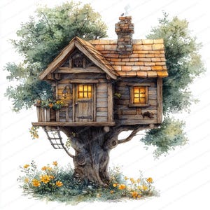 20 Treehouse Clipart para Artesanato | Ilustração Caprichosa de Casa na Árvore | Clipart de Aquarela para Imprimir | JPGs de Alta Qualidade | Diário de Lixo