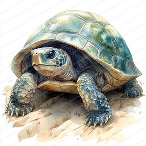 Puede incluir: Ilustración en acuarela de una tortuga con un caparazón detallado en tonos verdes y azules. La cabeza y las patas de la tortuga son una mezcla de azul y beige, con una apariencia texturizada. La obra de arte está sobre un fondo arenoso.