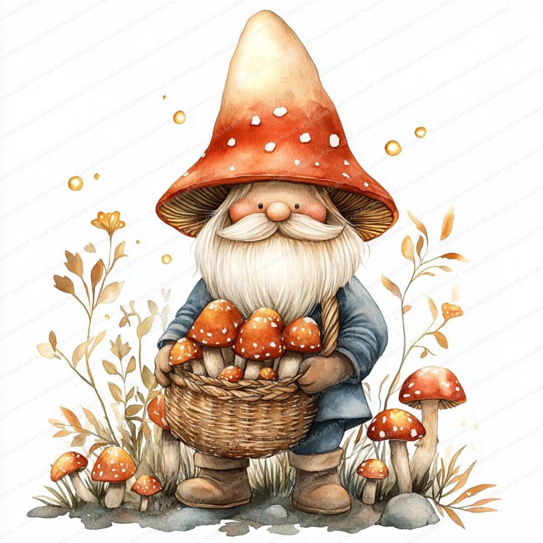 16 Forest Gnome Mushroom Basket Clipart | Enchanting Woodland Character ...